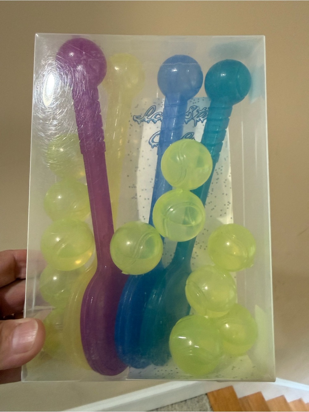 Freezer ice Tennis Rackets w/ tennis balls : Purple, Blue, Teal, Neon Yellow